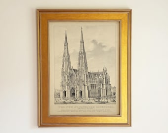 St. Patrick’s Cathedral Wall Art — Vintage Gothic Architecture Engraving, New York Landmark Decor, Framed Architectural Art