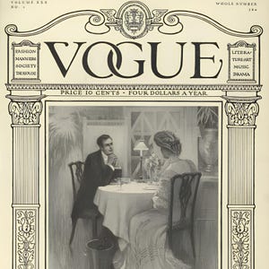 Op de afbeelding: Een vintage Vogue tijdschriftomslag met een zwart-wit illustratie van een persoon in een pak en een persoon in een jurk zittend aan een ronde tafel. De rand bevat de tekst VOGUE, FASHION, MANNERS, SOCIETY, THE HOUSE, LITERATURE, ART, MUSIC, DRAMA.