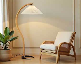 Modern Floor Lamp, Curved Wood Standing Lamp, Pleated Linen Shade Lighting