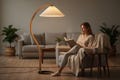 Mid-Century Modern Floor Lamp – Pleated Linen Shade, Curved Wood