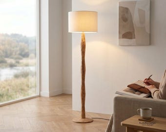 Natural Wood Standing Lamp, Solid Wood Light with Fabric Drum Shade, Modern Living Room, Bedroom & Reading Corner Decor