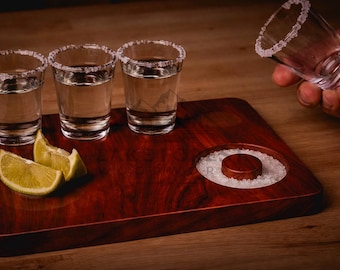 Tequila Shot Flight Board | Wood Shot Tray for Parties | Salt + Lime Holder | 4 Shot Glass Serving Tray | Taco Night Barware