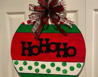 Hand-Painted Christmas Ornament Door Hanger • Red, Green, and White "Ho Ho Ho" Sign