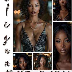 May include: A collage featuring multiple portraits of Black women. The central image shows a woman with dark hair and a silver necklace, wearing a black top. The text "Elegant" is written vertically on the left, and "14 Face Card Models" is at the bottom.
