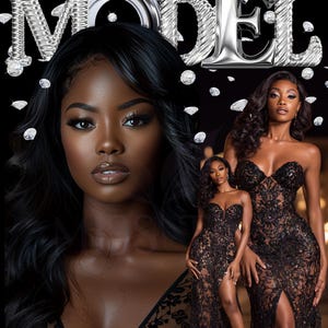 May include: A composite image featuring a woman with long black hair and a black lace dress. The word "MODEL" is displayed in silver, with diamond accents. The text "Custom Pack" is at the bottom.