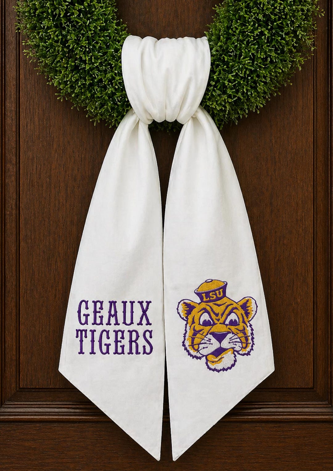 LSU Tigers Wreath Sash: Embroidered "Geaux Tigers" Door Decor