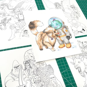 May include: A collection of fantasy art illustrations, featuring a variety of characters. One image shows a cat with a fish-bowl-headed astronaut. Other drawings include a group of anthropomorphic figures and action scenes.