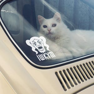 May include: A fluffy white cat rests inside a car, visible through the rear window. A white sticker with a cartoon image and the letters "IWKYM" is affixed to the glass. The car's exterior is a light beige color.