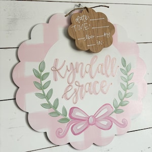 hospital door hanger for girls // painted bow // pink plaid // greenery arch // nursery name sign image 6