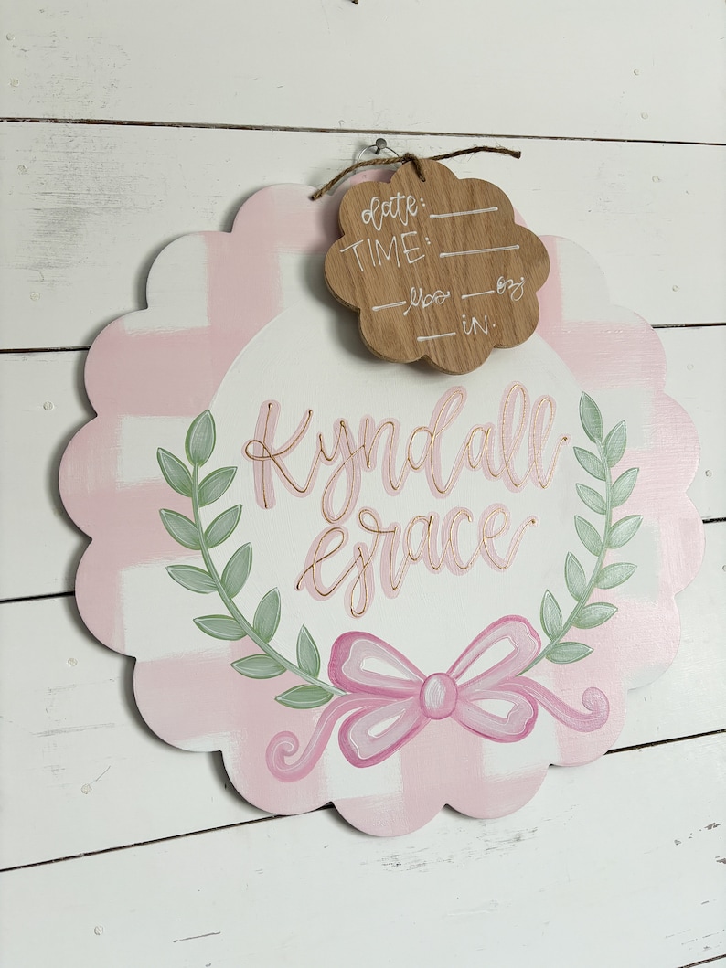 hospital door hanger for girls // painted bow // pink plaid // greenery arch // nursery name sign image 6