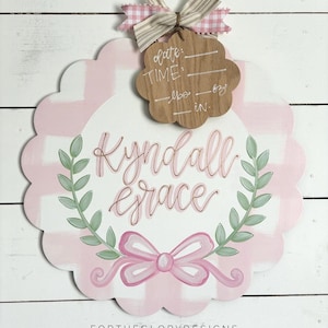 hospital door hanger for girls // painted bow // pink plaid // greenery arch // nursery name sign image 1