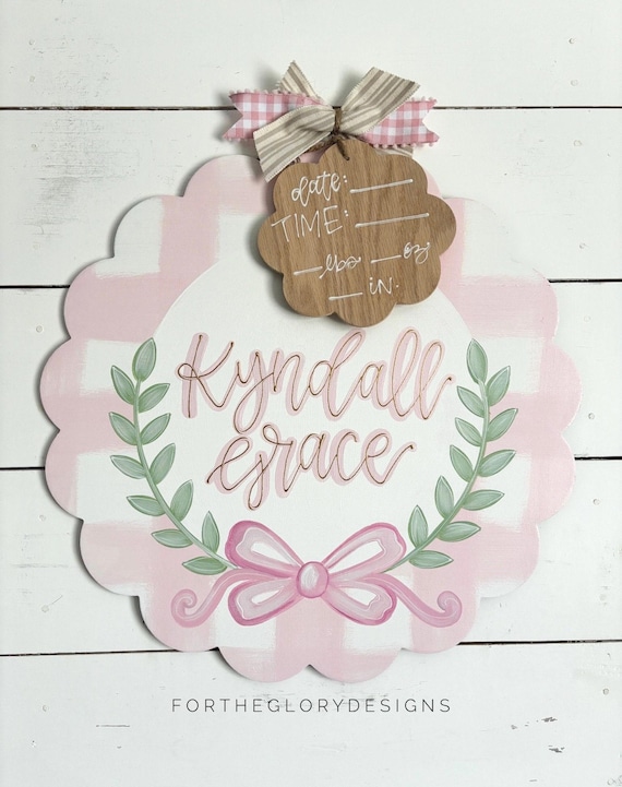 hospital door hanger for girls // painted bow // pink plaid // greenery arch // nursery name sign