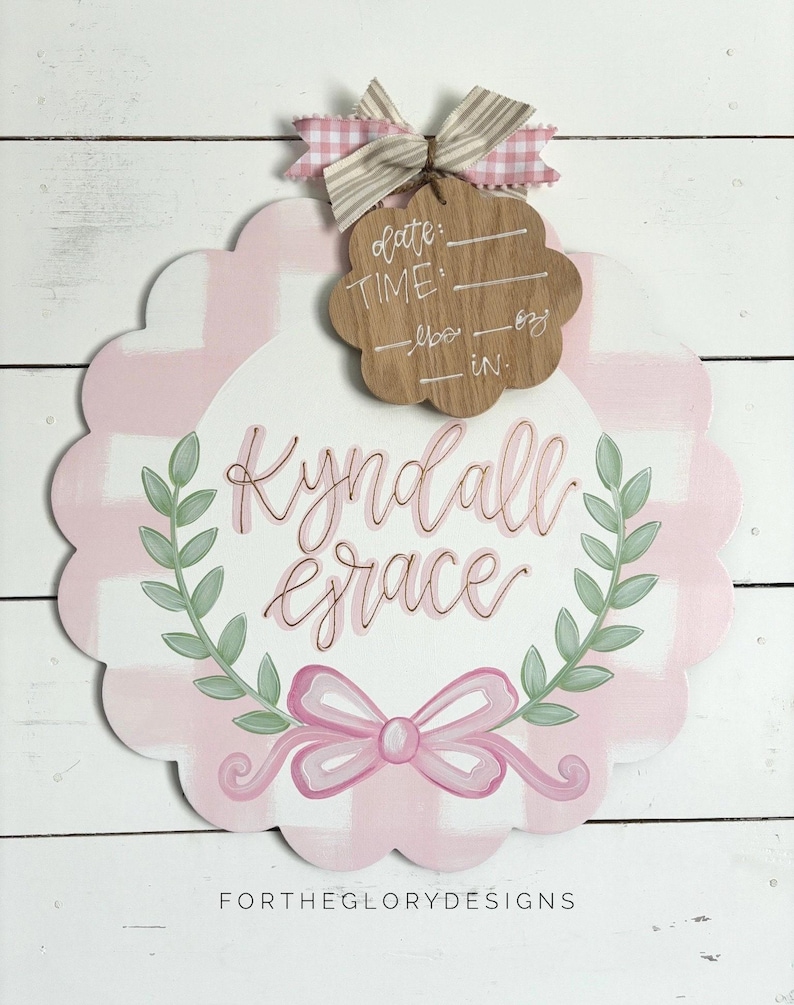 hospital door hanger for girls // painted bow // pink plaid // greenery arch // nursery name sign image 1