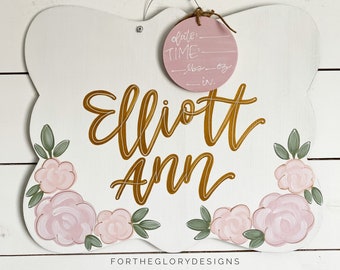 nursery name sign for baby girl // hospital door hanger // rectangle scallop // blush, mauve, gold, greenery - floral