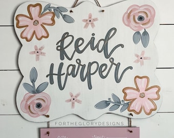 blush pink floral + polka dots // hospital door hanger + nursery sign for girls