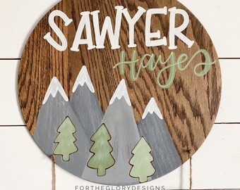 adventure theme // hospital door hanger // adventure nursery decor // mountains + trees, navy + sage green