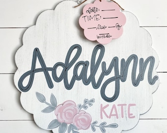 scalloped circle hospital + nursery door hanger for girls // blush pink floral // nursery name sign // custom name sign