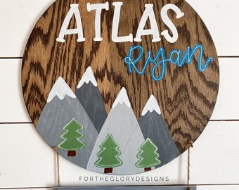 adventure theme // hospital door hanger // adventure nursery decor // mountains + trees