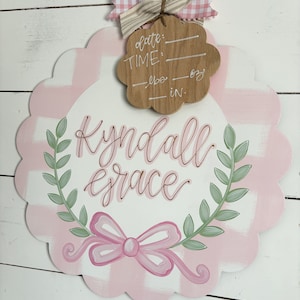 hospital door hanger for girls // painted bow // pink plaid // greenery arch // nursery name sign image 3
