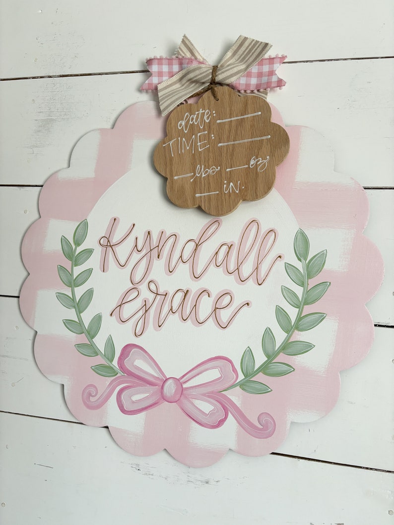 hospital door hanger for girls // painted bow // pink plaid // greenery arch // nursery name sign image 3