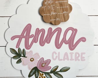 hospital + nursery baby door hanger for girls // boho colors // blush, clay, gold, olive + natural wood color tag