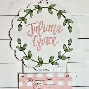 hospital door hanger for girls // scalloped circle // greenery leaves // blush + mauve + lavender // gingham print