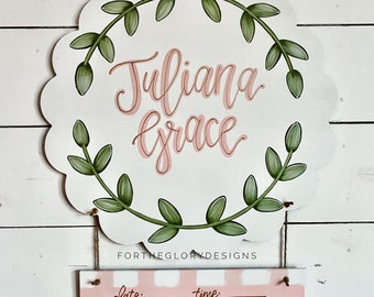 hospital door hanger for girls // scalloped circle // greenery leaves // blush + mauve + lavender // gingham print