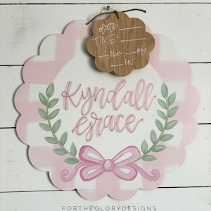 hospital door hanger for girls // painted bow // pink plaid // greenery arch // nursery name sign image 4