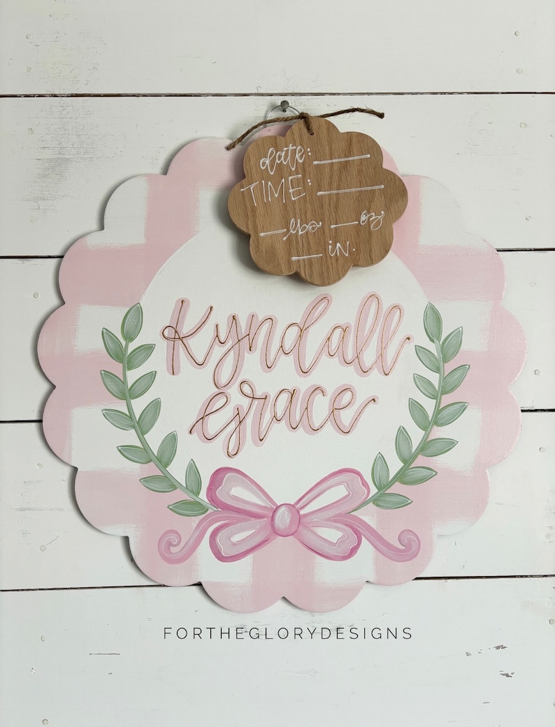 hospital door hanger for girls // painted bow // pink plaid // greenery arch // nursery name sign image 4