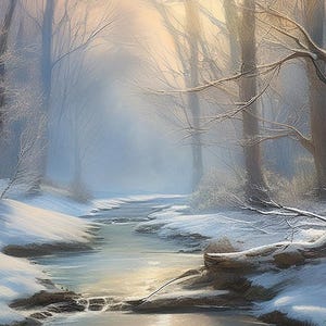 Op de afbeelding: Een serene winterlandschapsschilderij met een met sneeuw bedekte beek die door een bos kronkelt. Kale bomen staan tegen een zachte, nevelige achtergrond met een warme, gouden gloed. De scène roept een gevoel van vrede en rust op.