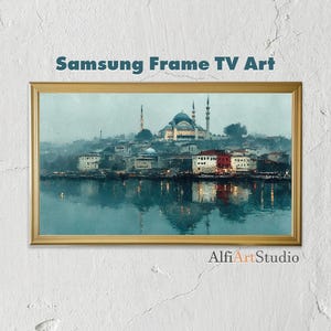 Arte de TV con marco de Ramadán, paisaje urbano de mezquita 4K Samsung Frame TV, decoración de pared islámica, descarga digital
