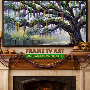 May include: A framed digital art piece depicting a large tree adorned with Mardi Gras beads. The artwork is displayed above a fireplace mantel decorated with beads, candles, and a decorative mask. The text "FRAME TV ART" and "INSTANT DOWNLOAD" are visible.