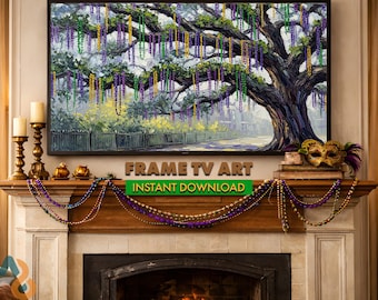 Mardi Gras Bead Tree Samsung Frame TV Arts, Southern Live Oak Oil Painting, New Orleans Carnival Decor, Louisiana Pride Digital Download