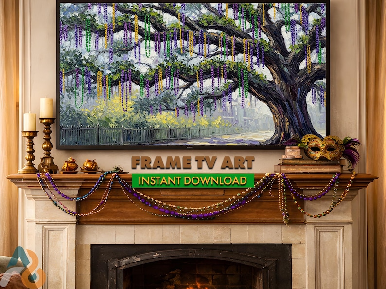 May include: A framed digital art piece depicting a large tree adorned with Mardi Gras beads. The artwork is displayed above a fireplace mantel decorated with beads, candles, and a decorative mask. The text "FRAME TV ART" and "INSTANT DOWNLOAD" are visible.