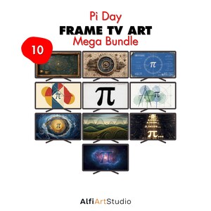Puede incluir: Una colección de diez obras de arte digital para televisores con marco, con el tema del Día Pi. Los diseños incluyen el símbolo Pi, diagramas matemáticos y arte abstracto. Se muestra el texto "Pi Day FRAME TV ART Mega Bundle".