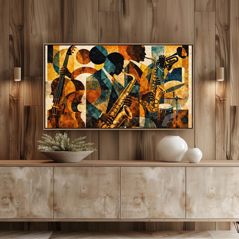 May include: A framed abstract art print featuring a jazz band. The artwork depicts musicians playing instruments, including a saxophone, trumpet, and cello, with a geometric background in shades of orange, blue, and brown.
