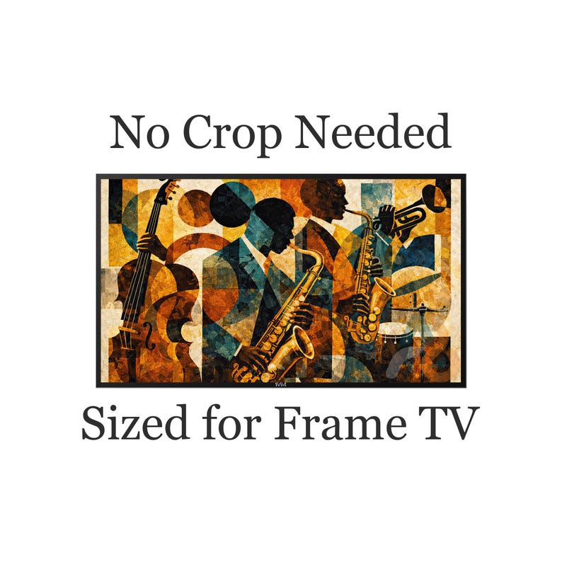 May include: A framed art print featuring a jazz band with a cello, saxophone, trumpet, and drums. The musicians are depicted in silhouette against a colorful geometric background. The text "No Crop Needed" and "Sized for Frame TV" are displayed.
