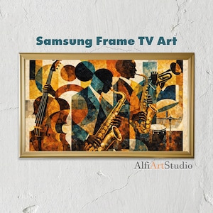 Abstract jazz collage featuring three Black musicians playing saxophone, trumpet, double bass, and drums in warm orange, teal, cream, and black geometric shapes.