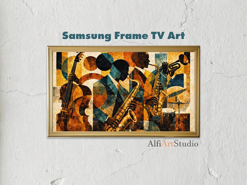 Abstract jazz collage featuring three Black musicians playing saxophone, trumpet, double bass, and drums in warm orange, teal, cream, and black geometric shapes.