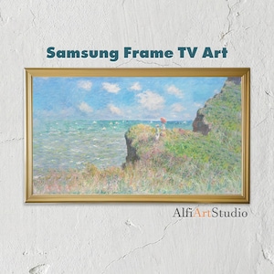 Claude Monet Cliff Walk at Pourville Frame TV Arts, Vintage Coastal Oil Painting, French Country Decor, Ocean Landscape, Spring Aesthetic