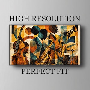 May include: Abstract art print featuring a jazz band with musicians playing various instruments. The artwork uses a geometric style with a color palette of blues, oranges, and browns. The words "HIGH RESOLUTION" and "PERFECT FIT" are printed on the image.