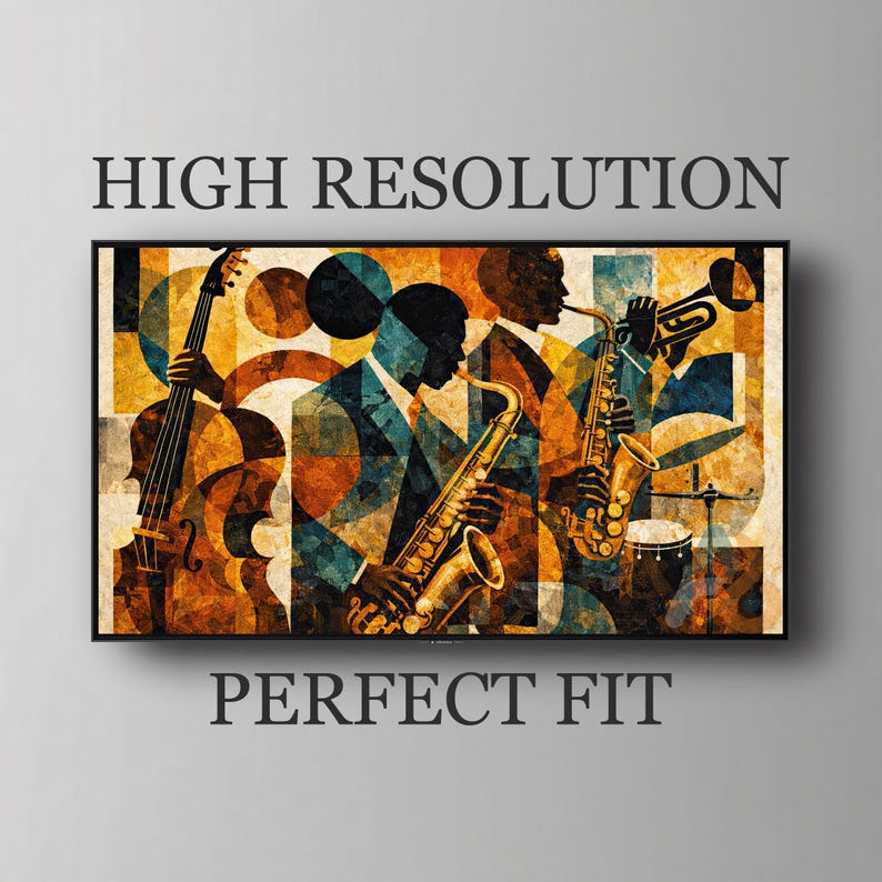 May include: Abstract art print featuring a jazz band with musicians playing various instruments. The artwork uses a geometric style with a color palette of blues, oranges, and browns. The words "HIGH RESOLUTION" and "PERFECT FIT" are printed on the image.