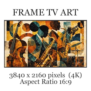 May include: Abstract art print featuring musicians playing jazz instruments. The image includes a double bass, saxophone, trumpet, and drums. The text "FRAME TV ART" is at the top, with resolution and aspect ratio details below.