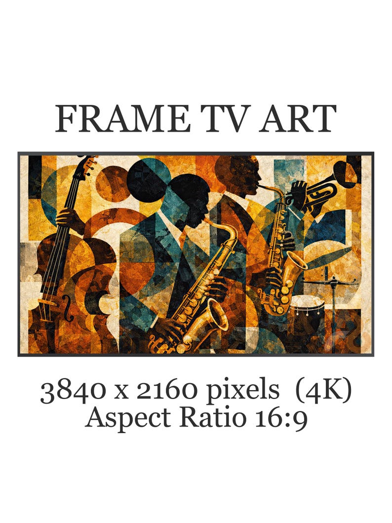 May include: Abstract art print featuring musicians playing jazz instruments. The image includes a double bass, saxophone, trumpet, and drums. The text "FRAME TV ART" is at the top, with resolution and aspect ratio details below.