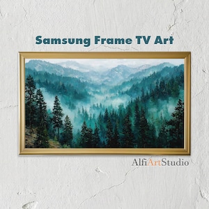 Sage Green Forest Samsung Frame TV Arts, Patina Blue Misty Landscape, Moody Vintage Oil Painting, Washed Linen Texture, 2026 Trend Art