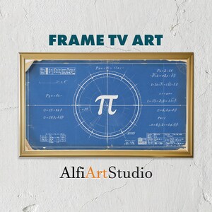 May include: A framed print with a gold-colored frame. The artwork features a blue background with mathematical equations and a large white Pi symbol in the center. The text "FRAME TV ART" is at the top, and "AlfiArt Studio" is at the bottom.
