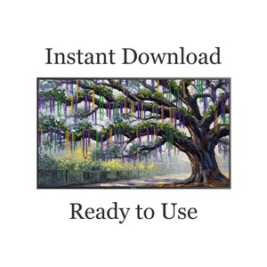 May include: A digital art print of a large tree adorned with colorful Mardi Gras beads. The artwork features a detailed depiction of the tree's branches and trunk, with a fence and buildings in the background. Text on the image reads "Instant Download" and "Ready to Use."