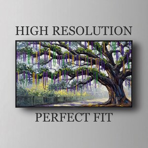 May include: A framed painting of a large tree with hanging purple, green, and gold beads. The artwork depicts a sunny day with a fence and a road in the background. The text "HIGH RESOLUTION" and "PERFECT FIT" are above and below the painting.