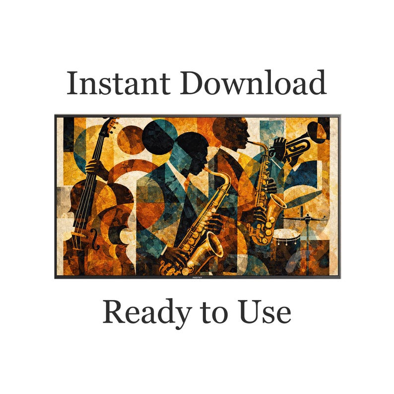 May include: An abstract art print featuring a jazz band with musicians playing a cello, saxophone, trumpet, and drums. The artwork has a geometric design with a color palette of brown, gold, and blue. The text "Instant Download Ready to Use" is displayed.
