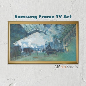 Claude Monet treinstation Samsung lijst tv kunst, industrieel decor, Gare Saint-Lazare, vintage stedelijk stadsgezicht, humeurige stoomlocomotief print